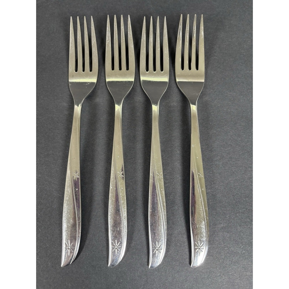 Lot 4 Oneida Community Stainless Starburst Atomic Star Salad Forks 7"